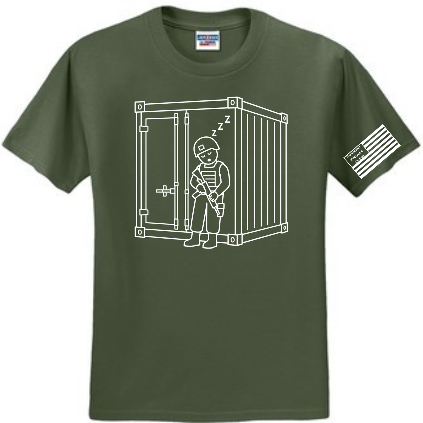 Combat Nap front design on green shirt