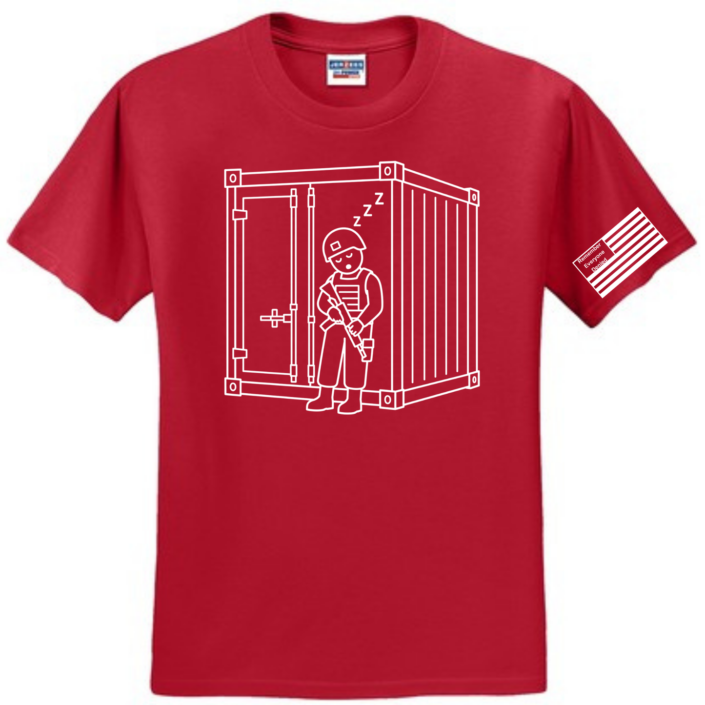 Combat Nap front design on red shirt