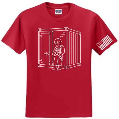 Combat Nap front design on red shirt