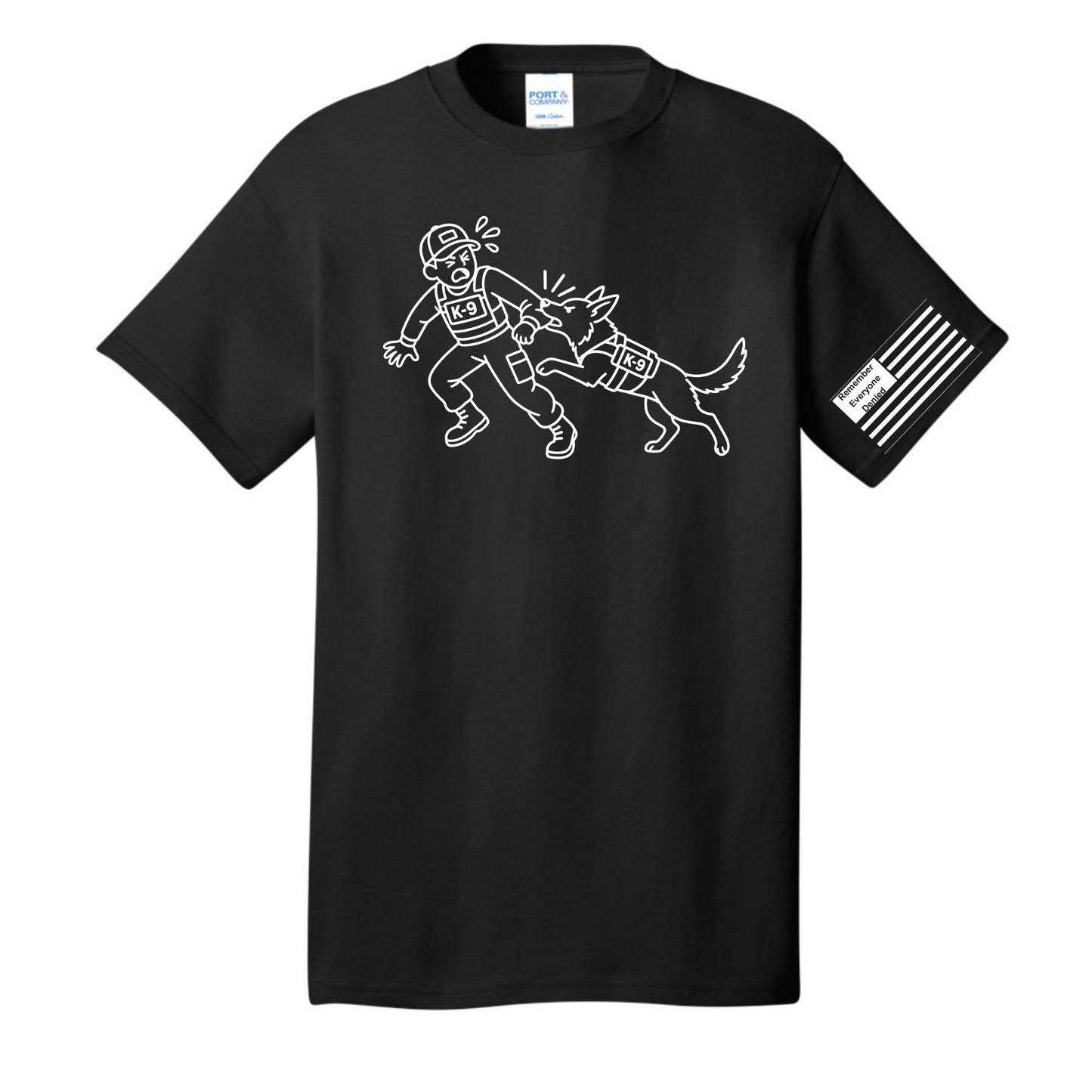 Handler Hazard front design on black shirt