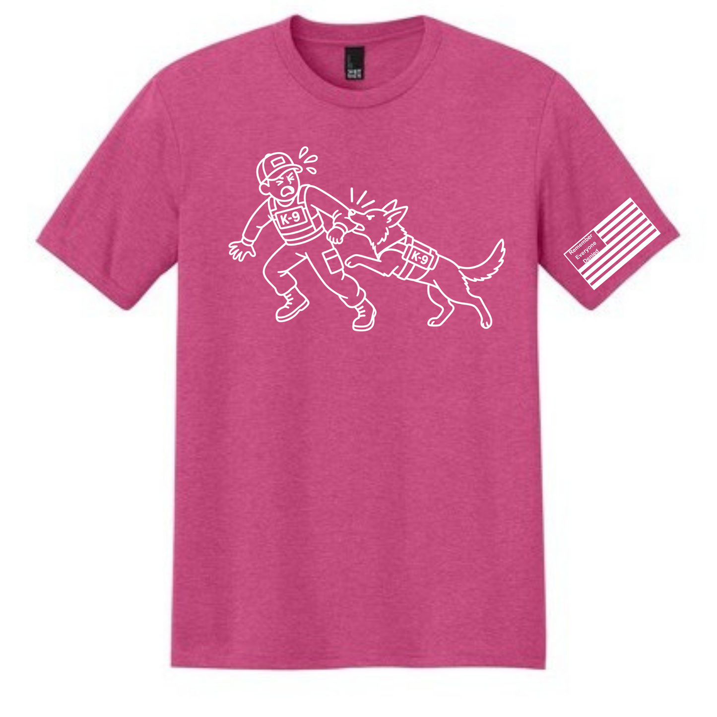 Handler Hazard front design on fuchsia frost shirt