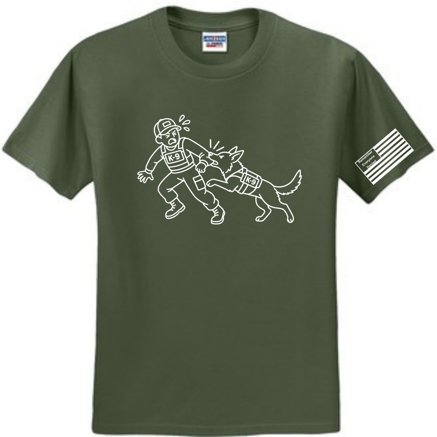 Handler Hazard front design on green shirt