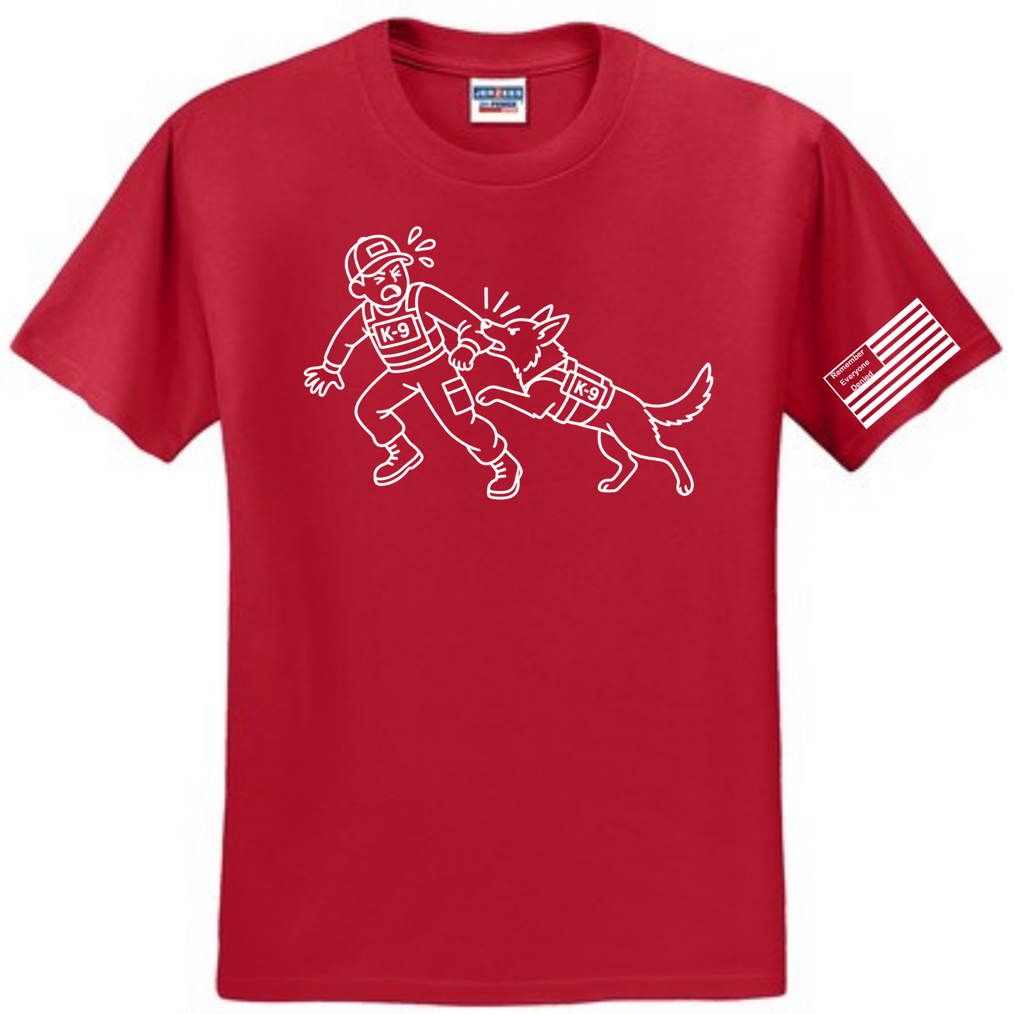 Handler Hazard front design on red shirt
