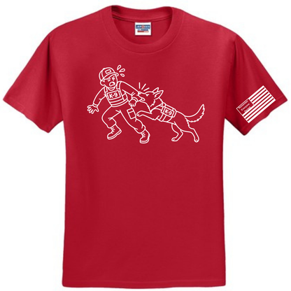 Handler Hazard front design on red shirt