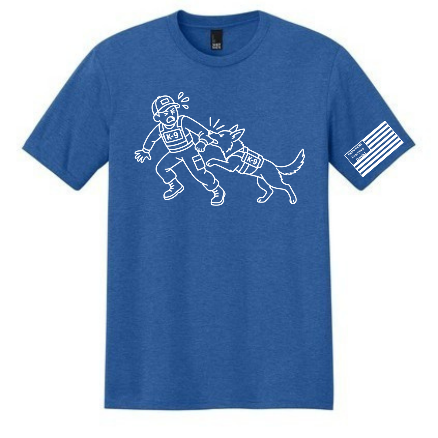 Handler Hazard front design on royal frost shirt
