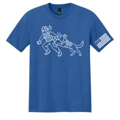Handler Hazard front design on royal frost shirt
