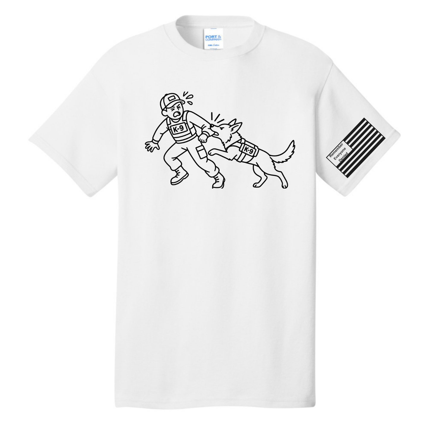 Handler Hazard front design on white shirt