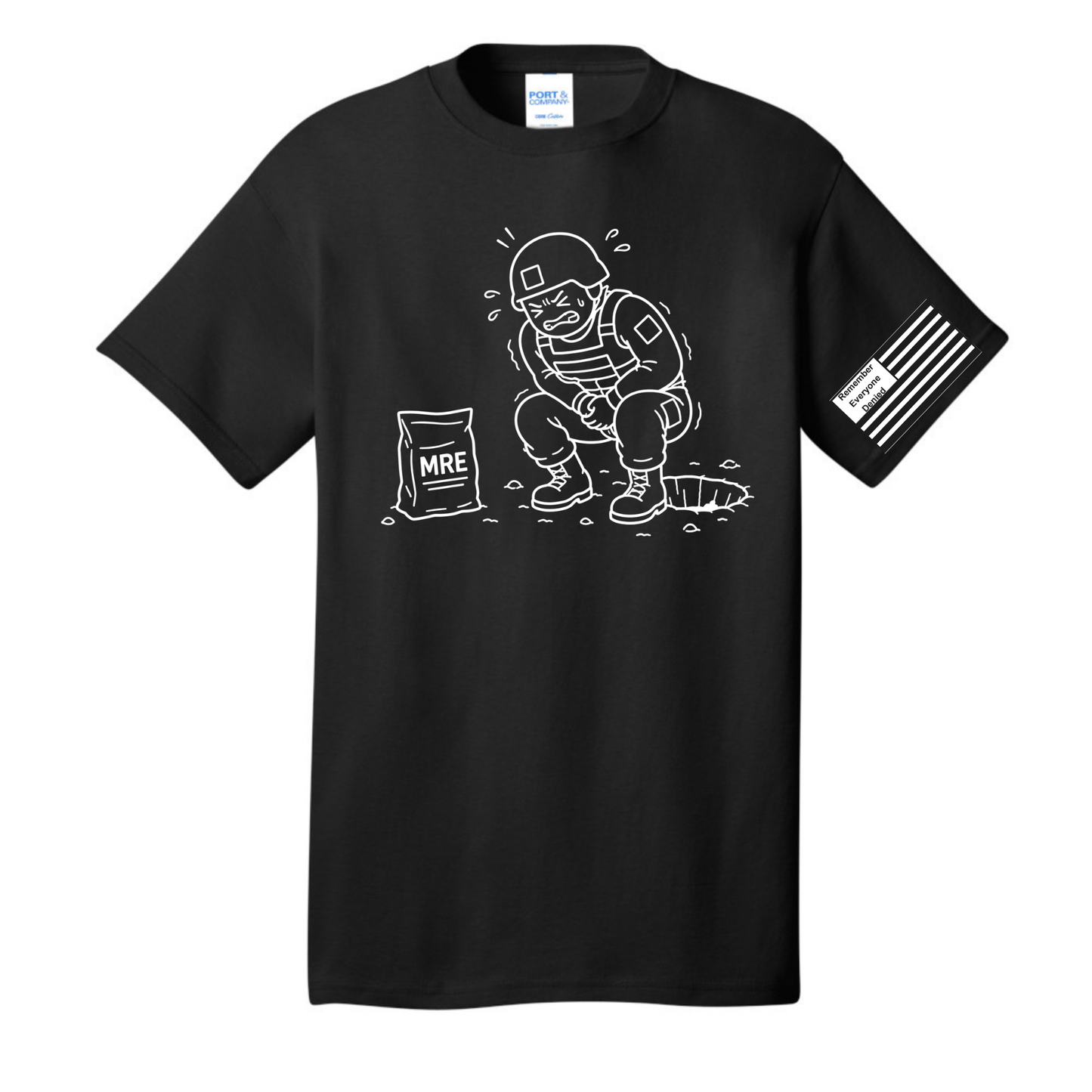 MRE Regret front design on black shirt