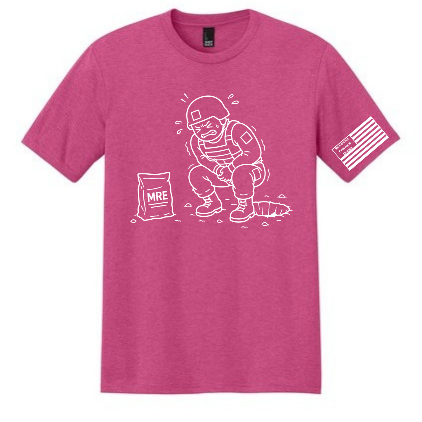 MRE Regret front design on fuchsia frost shirt