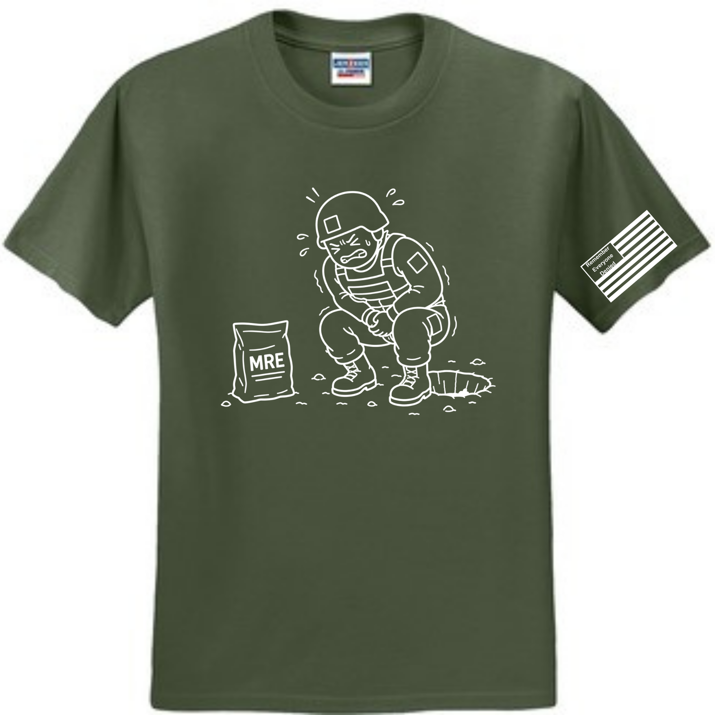 MRE Regret front design on green shirt