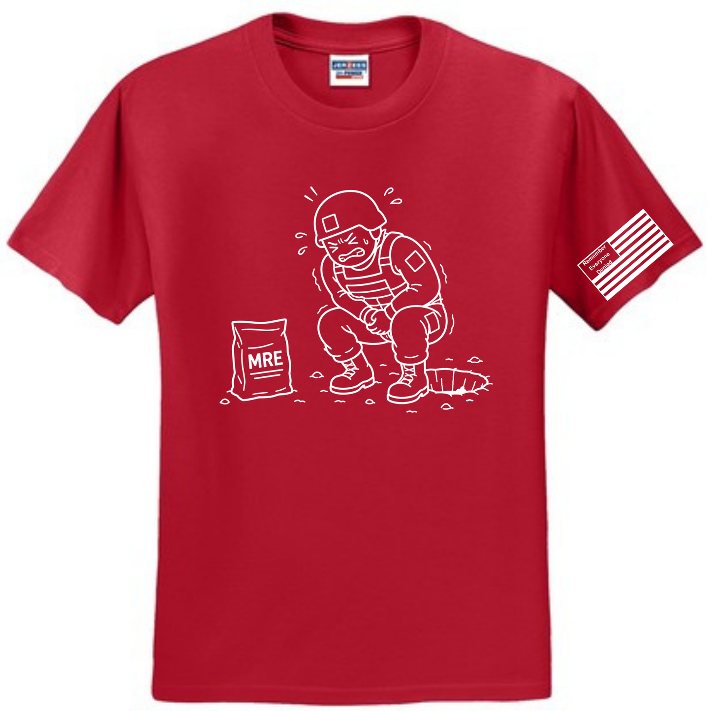 MRE Regret front design on red shirt