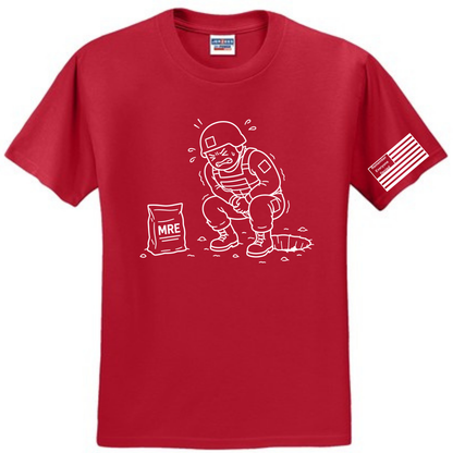 MRE Regret front design on red shirt